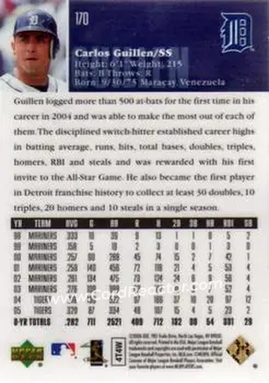 2006 Upper Deck Special F/X #170 - Carlos Guillen - Detroit Tigers - Back