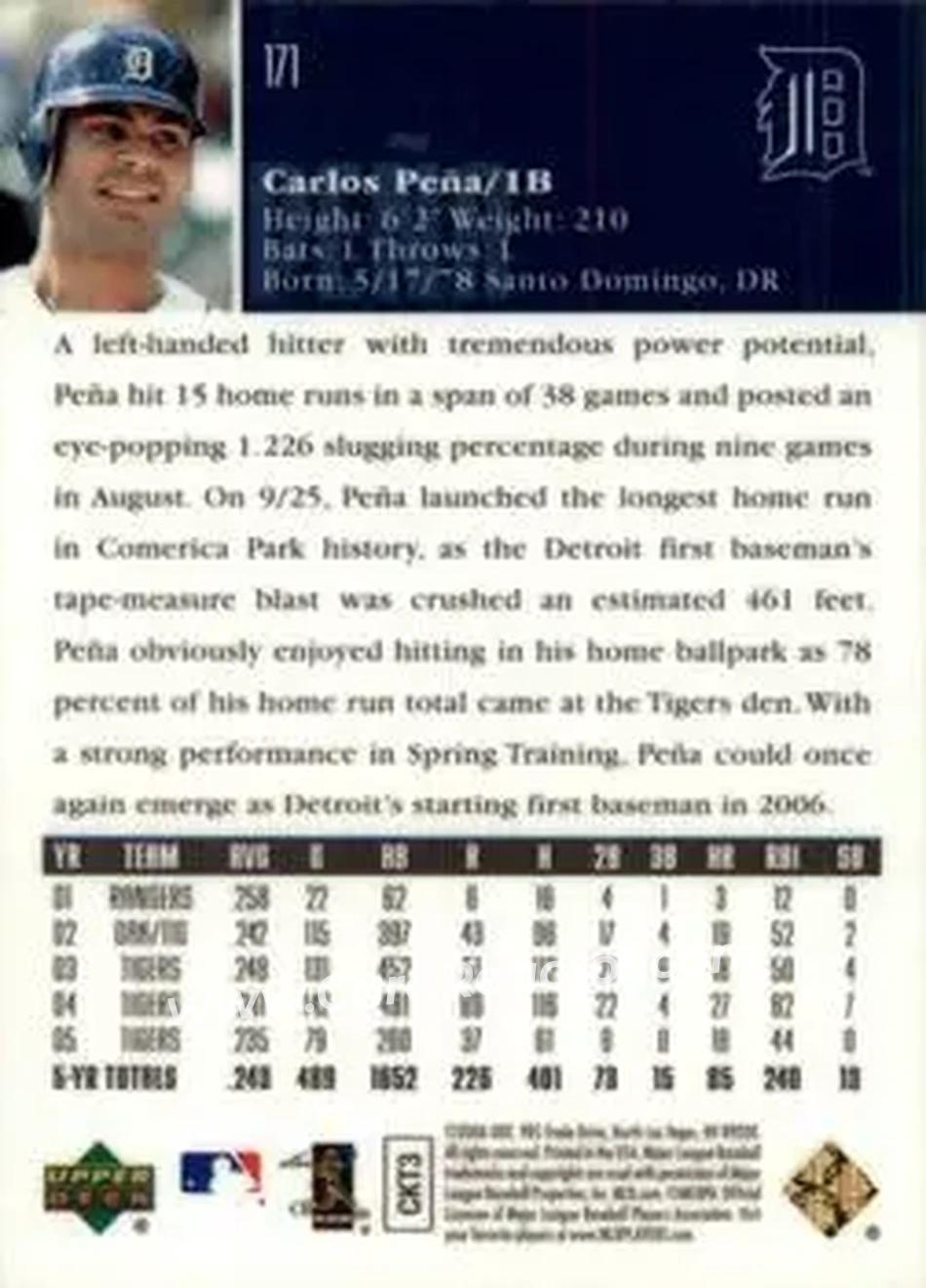 2006 Upper Deck Special F/X #171 - Carlos Peña - Detroit Tigers - Back 2006 Upper Deck Special F/X #171 - Carlos Peña - Detroit Tigers - Back