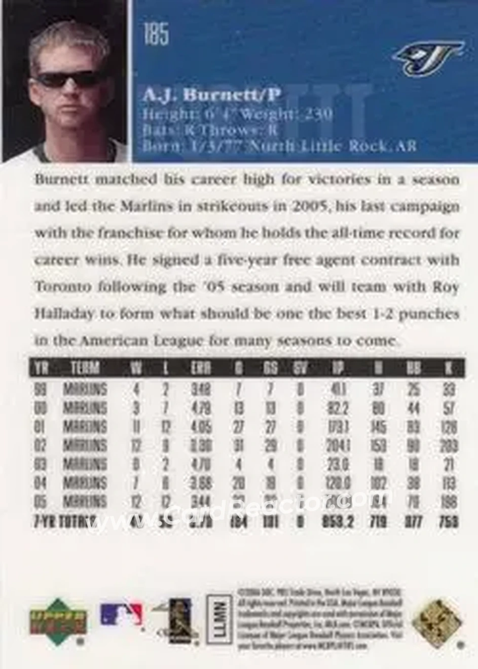 2006 Upper Deck Special F/X #185 - A.J. Burnett - Toronto Blue Jays - Back 2006 Upper Deck Special F/X #185 - A.J. Burnett - Toronto Blue Jays - Back
