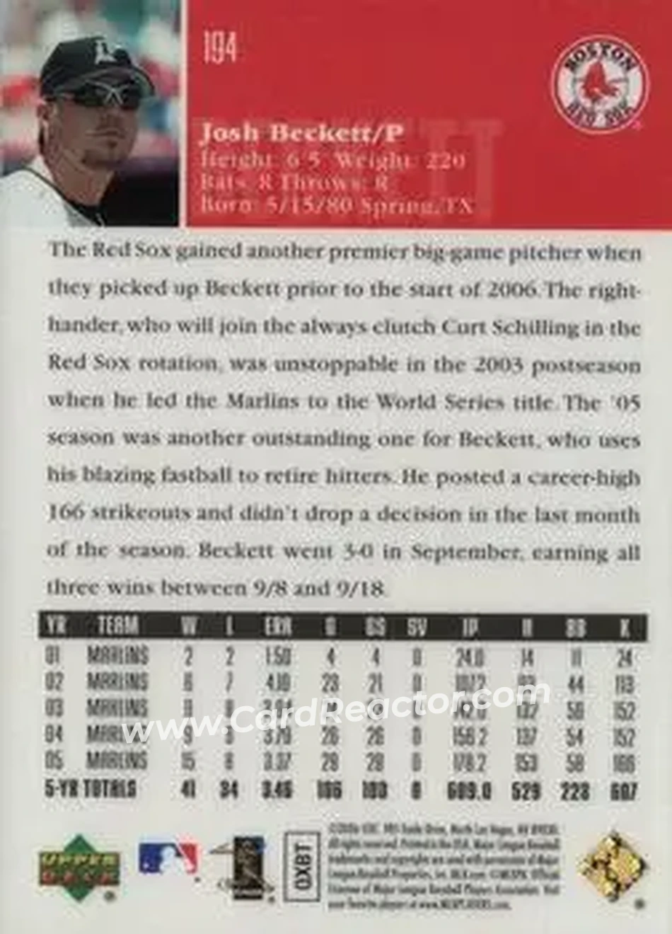 2006 Upper Deck Special F/X #194 - Josh Beckett - Boston Red Sox - Back 2006 Upper Deck Special F/X #194 - Josh Beckett - Boston Red Sox - Back