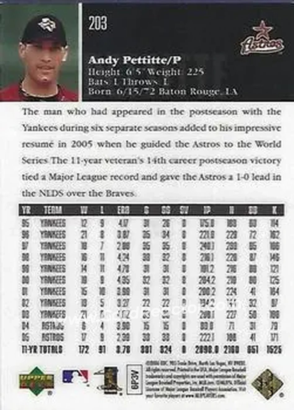 2006 Upper Deck Special F/X #203 - Andy Pettitte - Houston Astros - Back