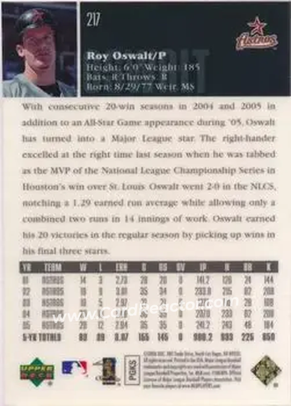 2006 Upper Deck Special F/X #217 - Roy Oswalt - Houston Astros - Back 2006 Upper Deck Special F/X #217 - Roy Oswalt - Houston Astros - Back