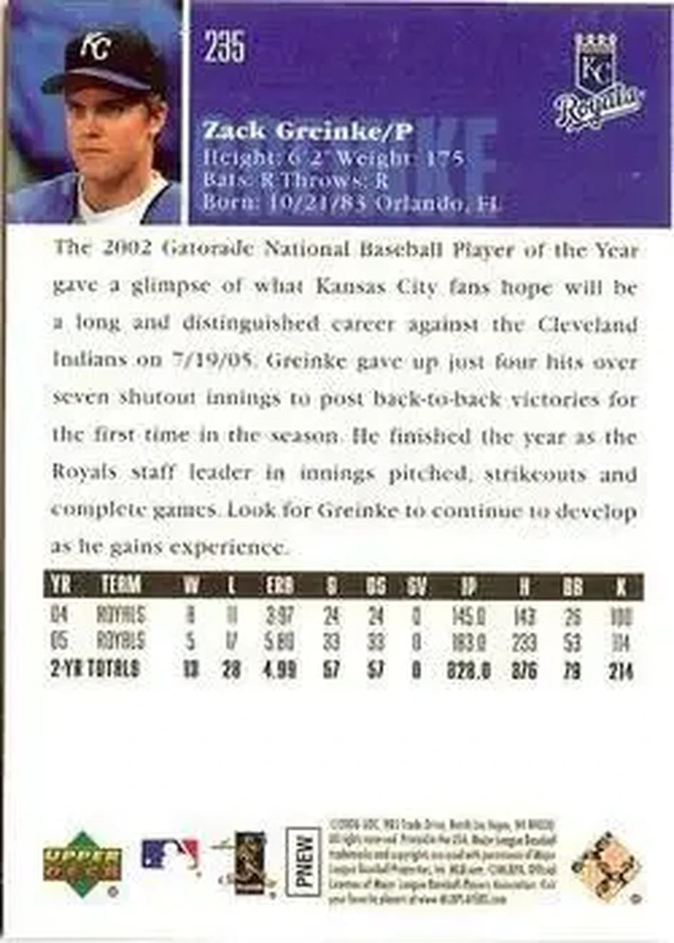 2006 Upper Deck Special F/X #235 - Zack Greinke - Kansas City Royals - Back 2006 Upper Deck Special F/X #235 - Zack Greinke - Kansas City Royals - Back