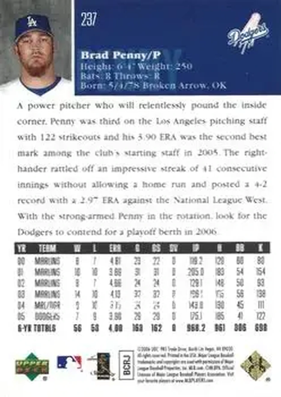 2006 Upper Deck Special F/X #237 - Brad Penny - Los Angeles Dodgers - Back 2006 Upper Deck Special F/X #237 - Brad Penny - Los Angeles Dodgers - Back