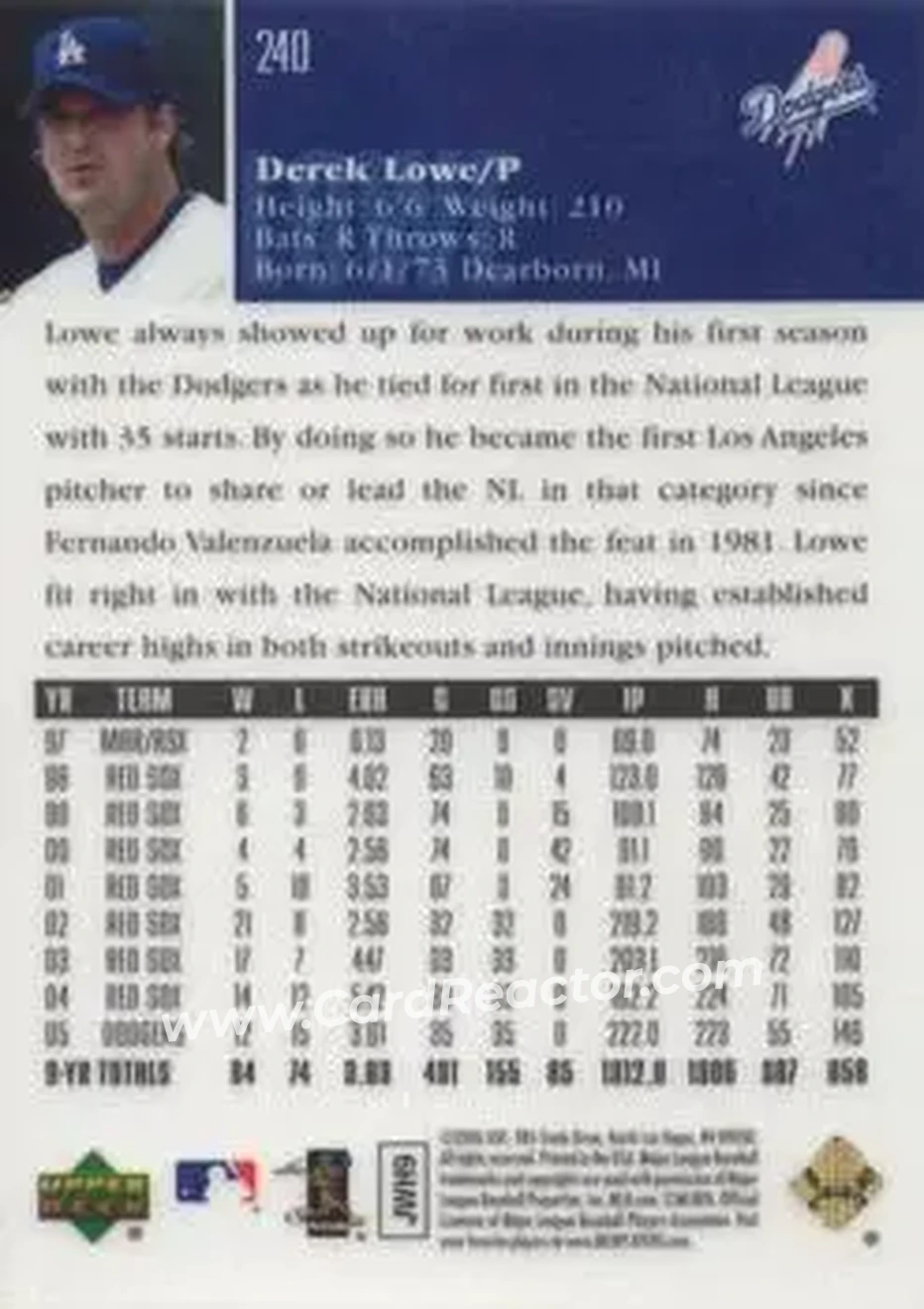 2006 Upper Deck Special F/X #240 - Derek Lowe - Los Angeles Dodgers - Back 2006 Upper Deck Special F/X #240 - Derek Lowe - Los Angeles Dodgers - Back