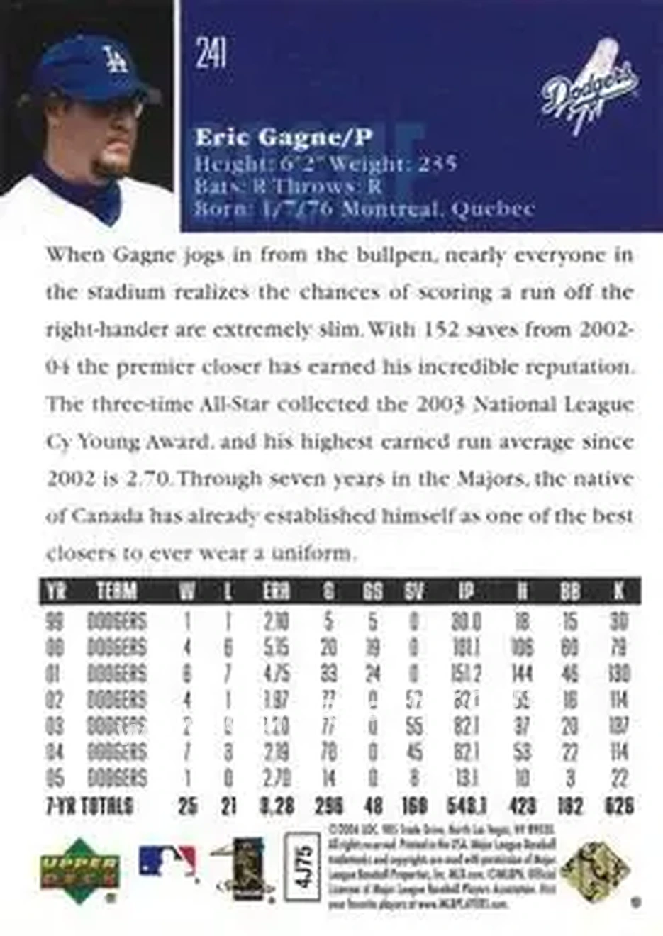 2006 Upper Deck Special F/X #241 - Eric Gagne - Los Angeles Dodgers - Back