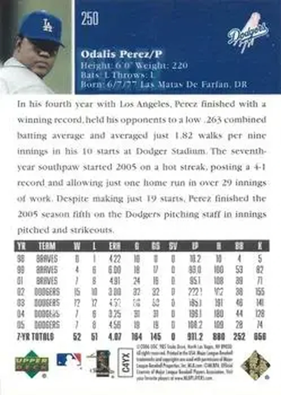 2006 Upper Deck Special F/X #250 - Odalis Perez - Los Angeles Dodgers - Back 2006 Upper Deck Special F/X #250 - Odalis Perez - Los Angeles Dodgers - Back