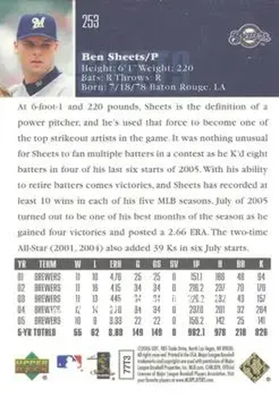 2006 Upper Deck Special F/X #253 - Ben Sheets - Milwaukee Brewers - Back 2006 Upper Deck Special F/X #253 - Ben Sheets - Milwaukee Brewers - Back