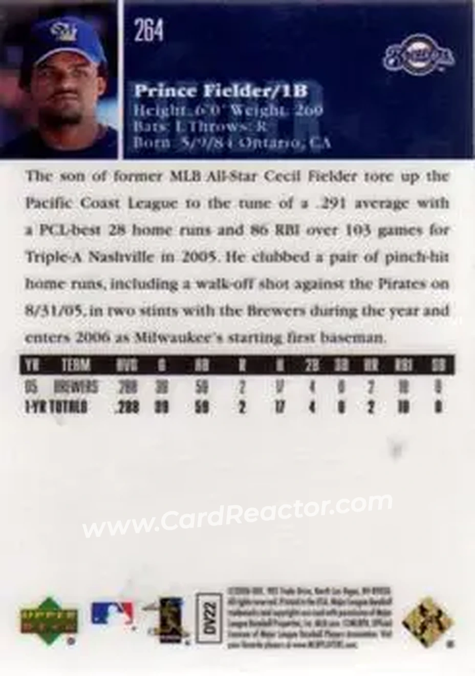 2006 Upper Deck Special F/X #264 - Prince Fielder - Milwaukee Brewers - Back 2006 Upper Deck Special F/X #264 - Prince Fielder - Milwaukee Brewers - Back