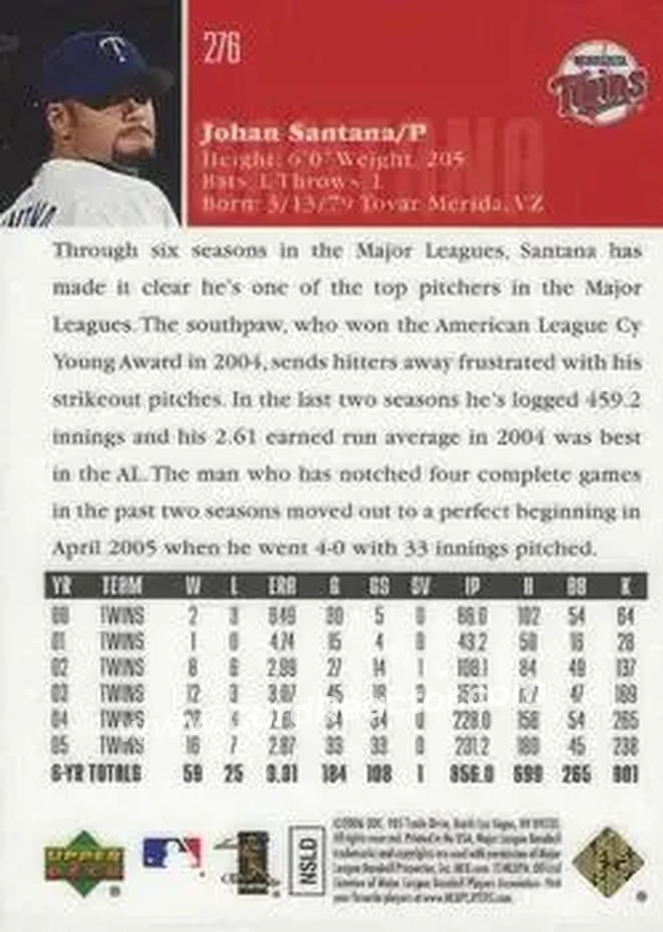 2006 Upper Deck Special F/X #276 - Johan Santana - Minnesota Twins - Back