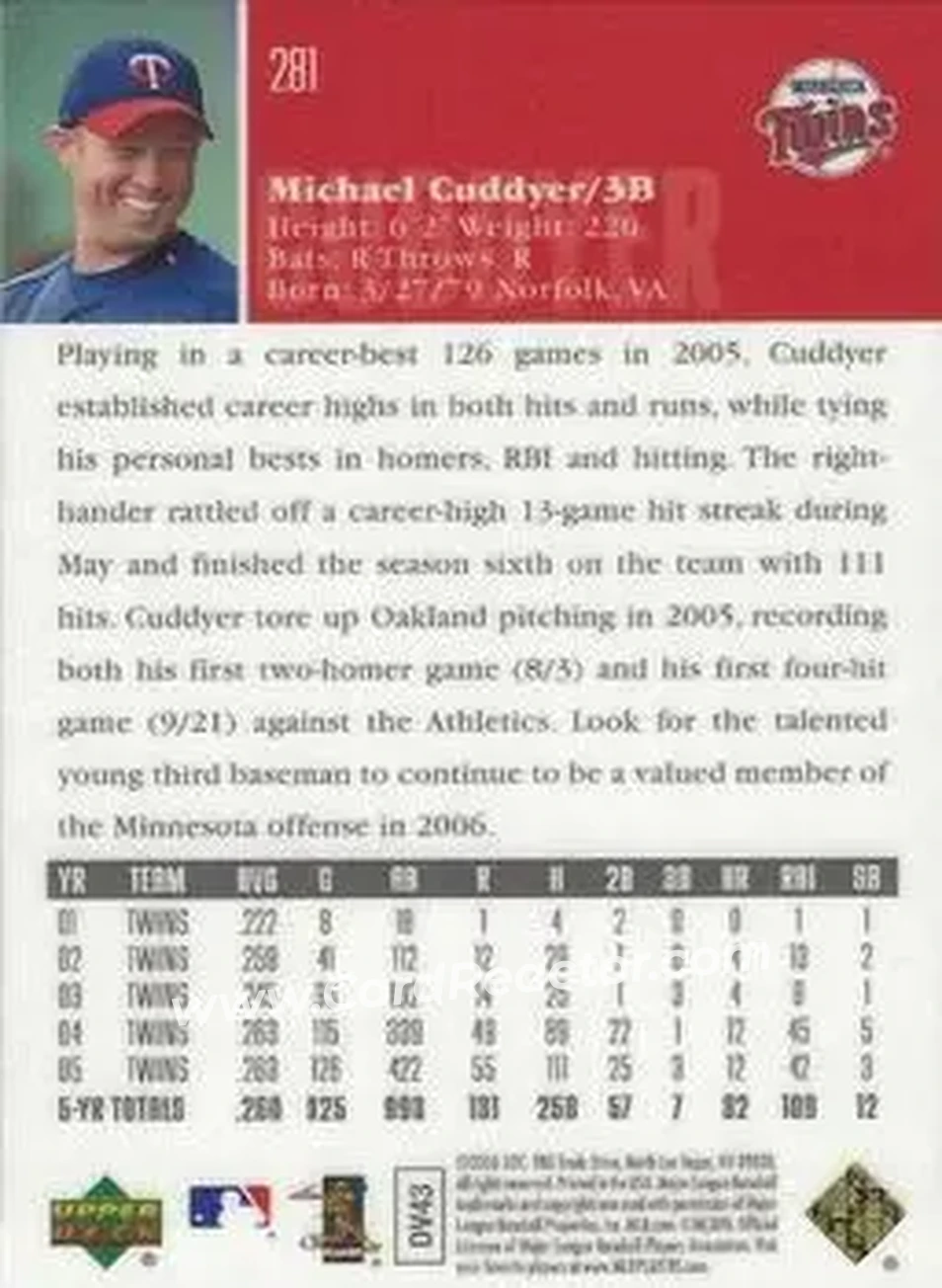 2006 Upper Deck Special F/X #281 - Michael Cuddyer - Minnesota Twins - Back