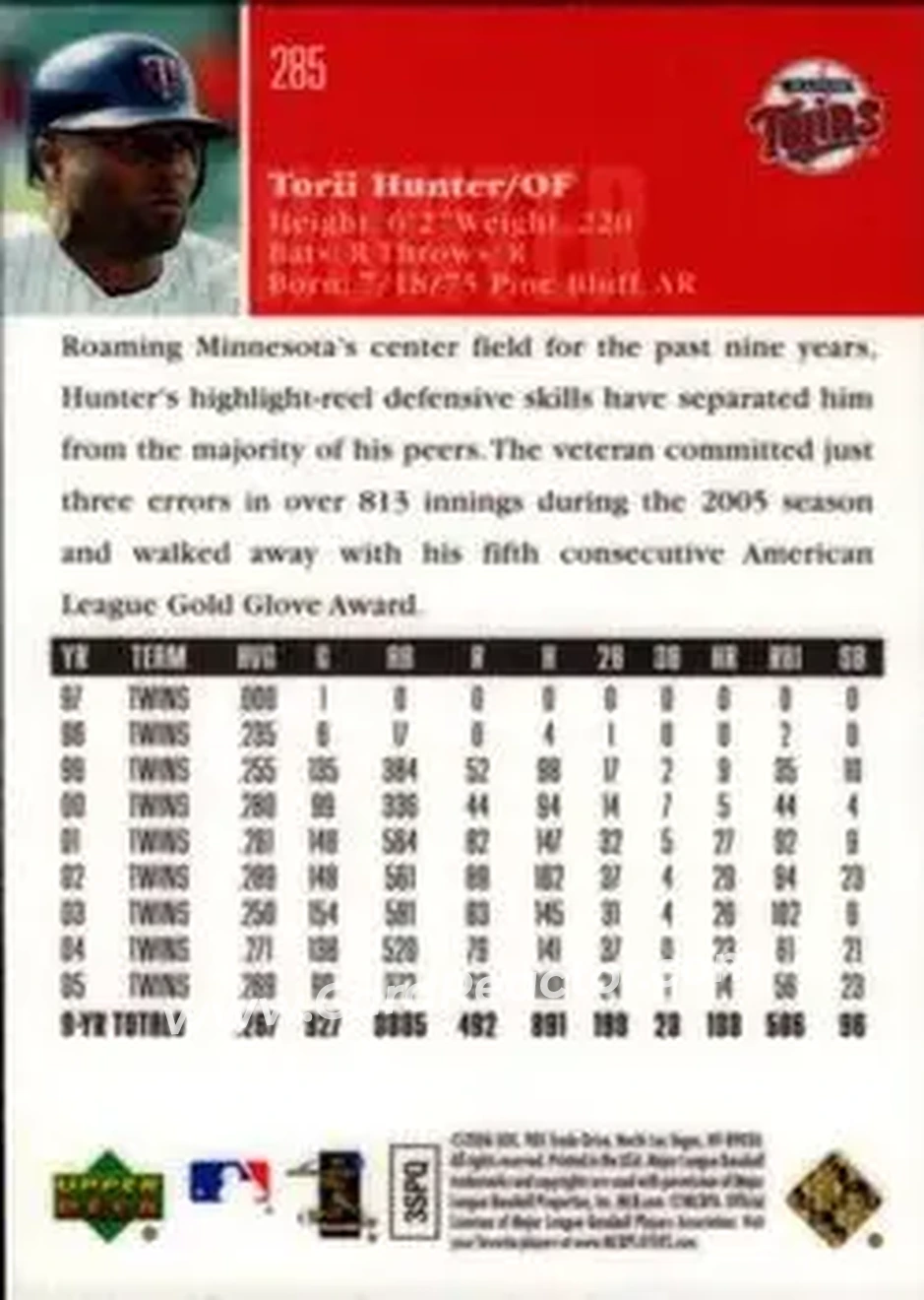 2006 Upper Deck Special F/X #285 - Torii Hunter - Minnesota Twins - Back 2006 Upper Deck Special F/X #285 - Torii Hunter - Minnesota Twins - Back