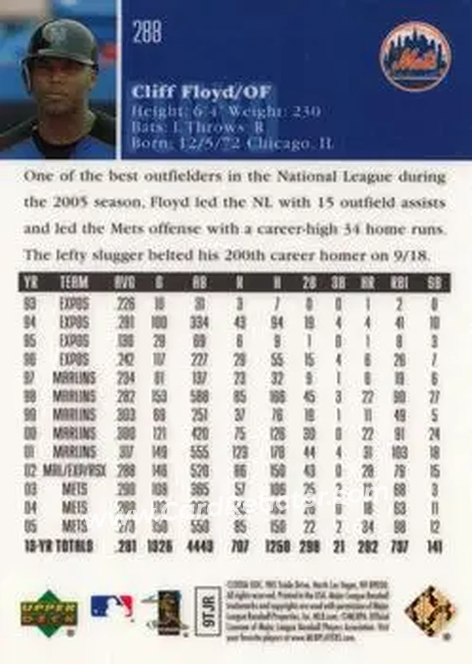 2006 Upper Deck Special F/X #288 - Cliff Floyd - New York Mets - Back