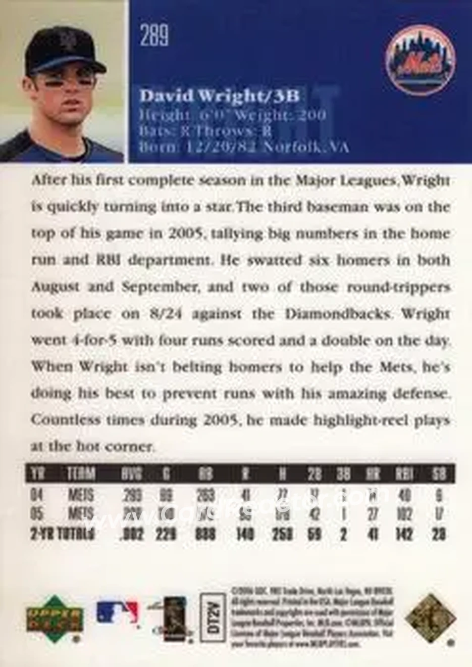 2006 Upper Deck Special F/X #289 - David Wright - New York Mets - Back 2006 Upper Deck Special F/X #289 - David Wright - New York Mets - Back