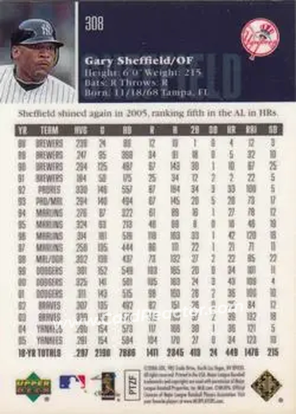 2006 Upper Deck Special F/X #308 - Gary Sheffield - New York Yankees - Back 2006 Upper Deck Special F/X #308 - Gary Sheffield - New York Yankees - Back