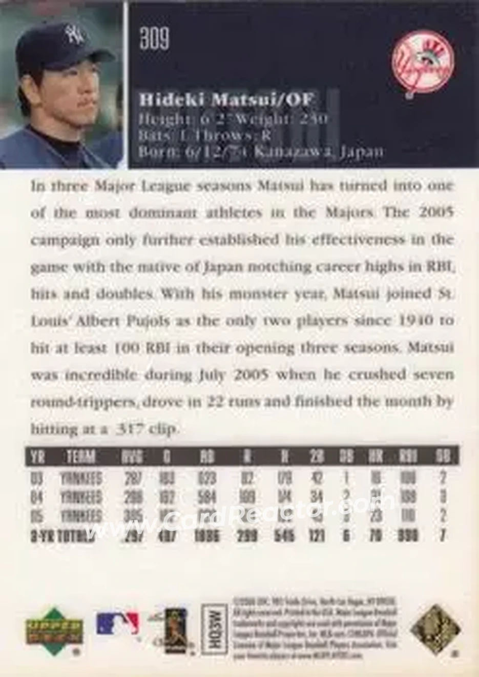 2006 Upper Deck Special F/X #309 - Hideki Matsui - New York Yankees - Back