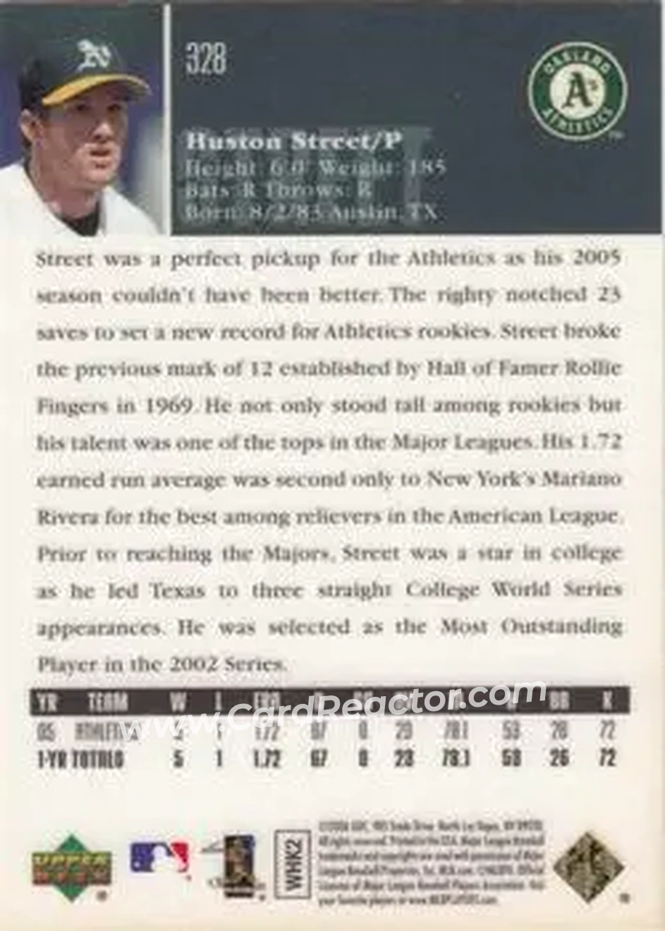 2006 Upper Deck Special F/X #328 - Huston Street - Oakland Athletics - Back
