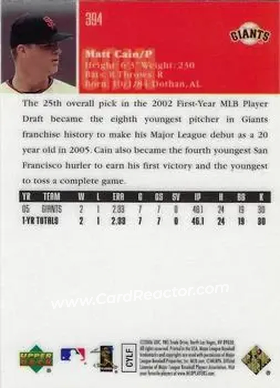 2006 Upper Deck Special F/X #394 - Matt Cain - San Francisco Giants - Back