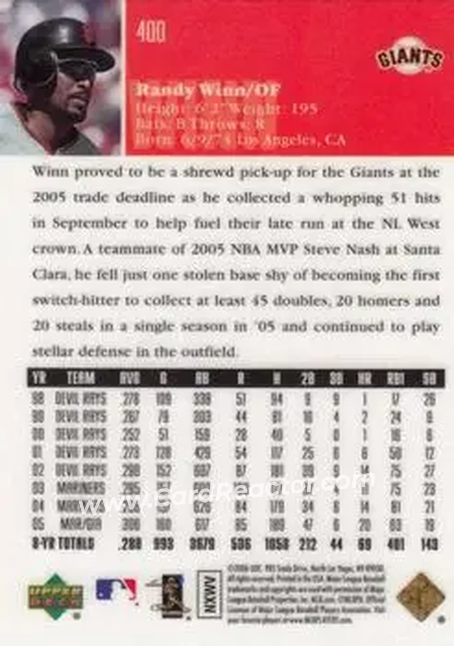 2006 Upper Deck Special F/X #400 - Randy Winn - San Francisco Giants - Back 2006 Upper Deck Special F/X #400 - Randy Winn - San Francisco Giants - Back