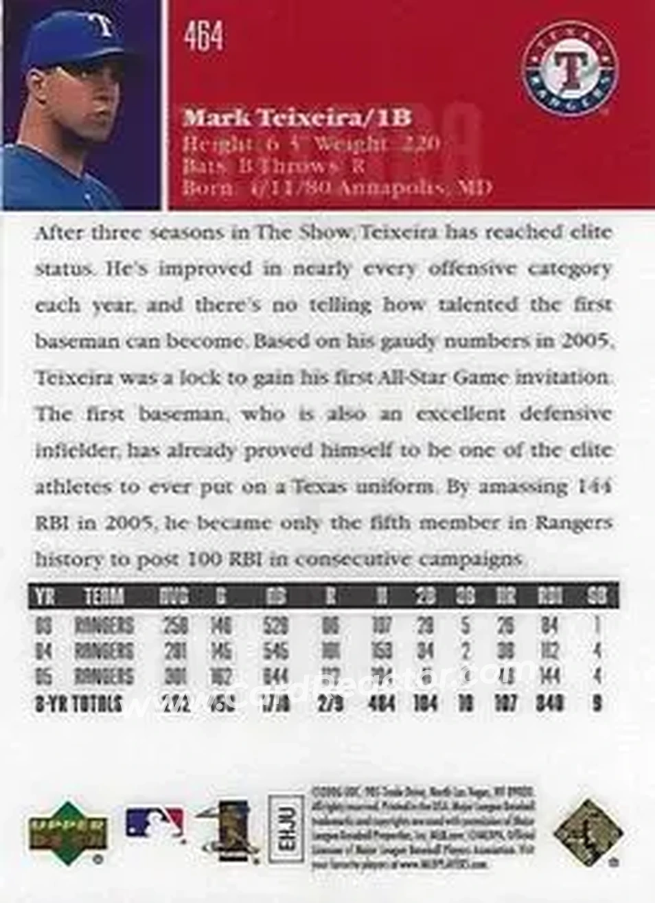 2006 Upper Deck Special F/X #464 - Mark Teixeira - Texas Rangers - Back 2006 Upper Deck Special F/X #464 - Mark Teixeira - Texas Rangers - Back