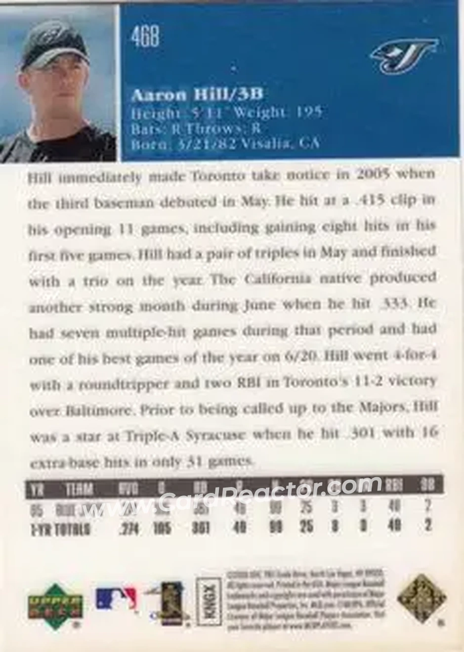 2006 Upper Deck Special F/X #468 - Aaron Hill - Toronto Blue Jays - Back 2006 Upper Deck Special F/X #468 - Aaron Hill - Toronto Blue Jays - Back