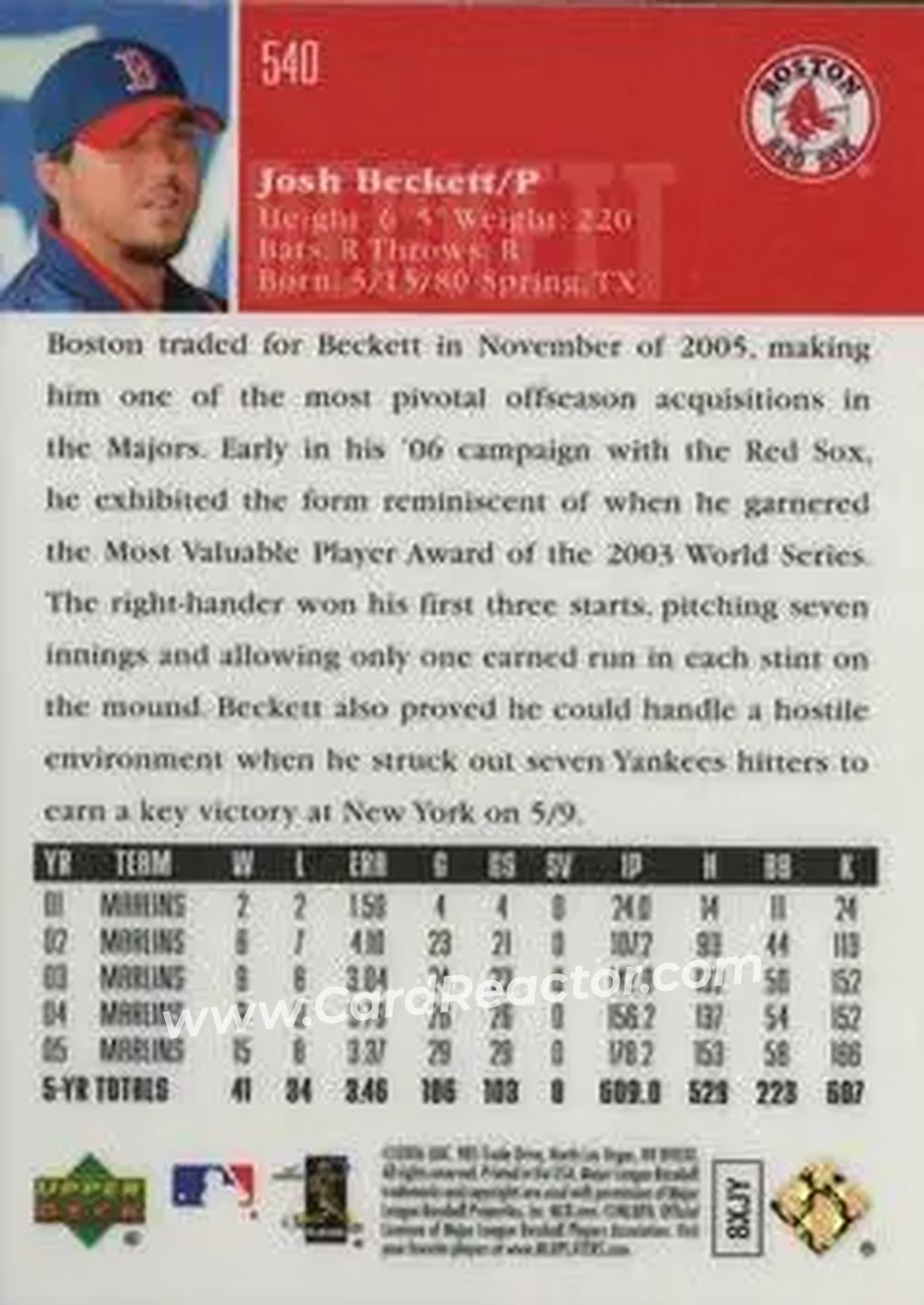 2006 Upper Deck Special F/X #540 - Josh Beckett - Boston Red Sox - Back 2006 Upper Deck Special F/X #540 - Josh Beckett - Boston Red Sox - Back