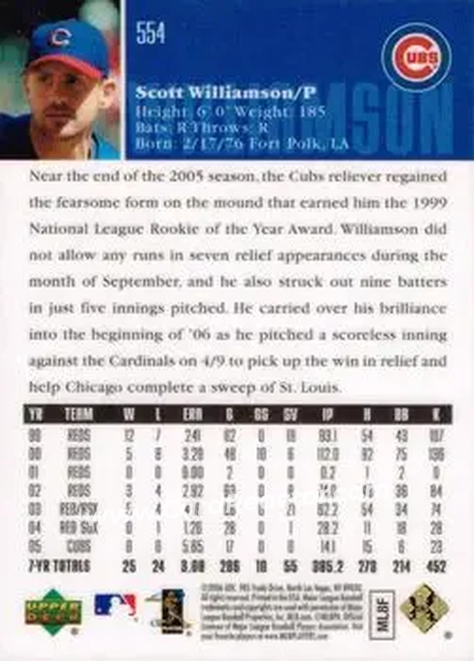 2006 Upper Deck Special F/X #554 - Scott Williamson - Chicago Cubs - Back