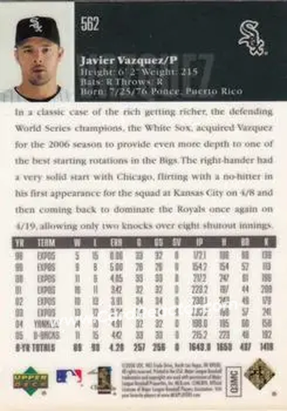 2006 Upper Deck Special F/X #562 - Javier Vazquez - Chicago White Sox - Back 2006 Upper Deck Special F/X #562 - Javier Vazquez - Chicago White Sox - Back