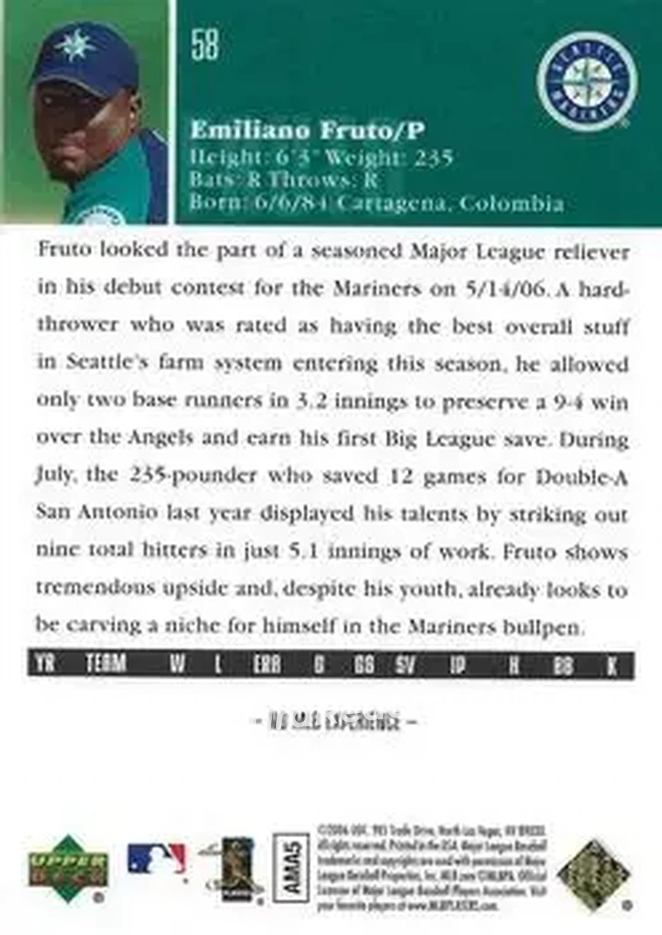 2006 Upper Deck Special F/X #58 - Emiliano Fruto - Seattle Mariners - Back 2006 Upper Deck Special F/X #58 - Emiliano Fruto - Seattle Mariners - Back