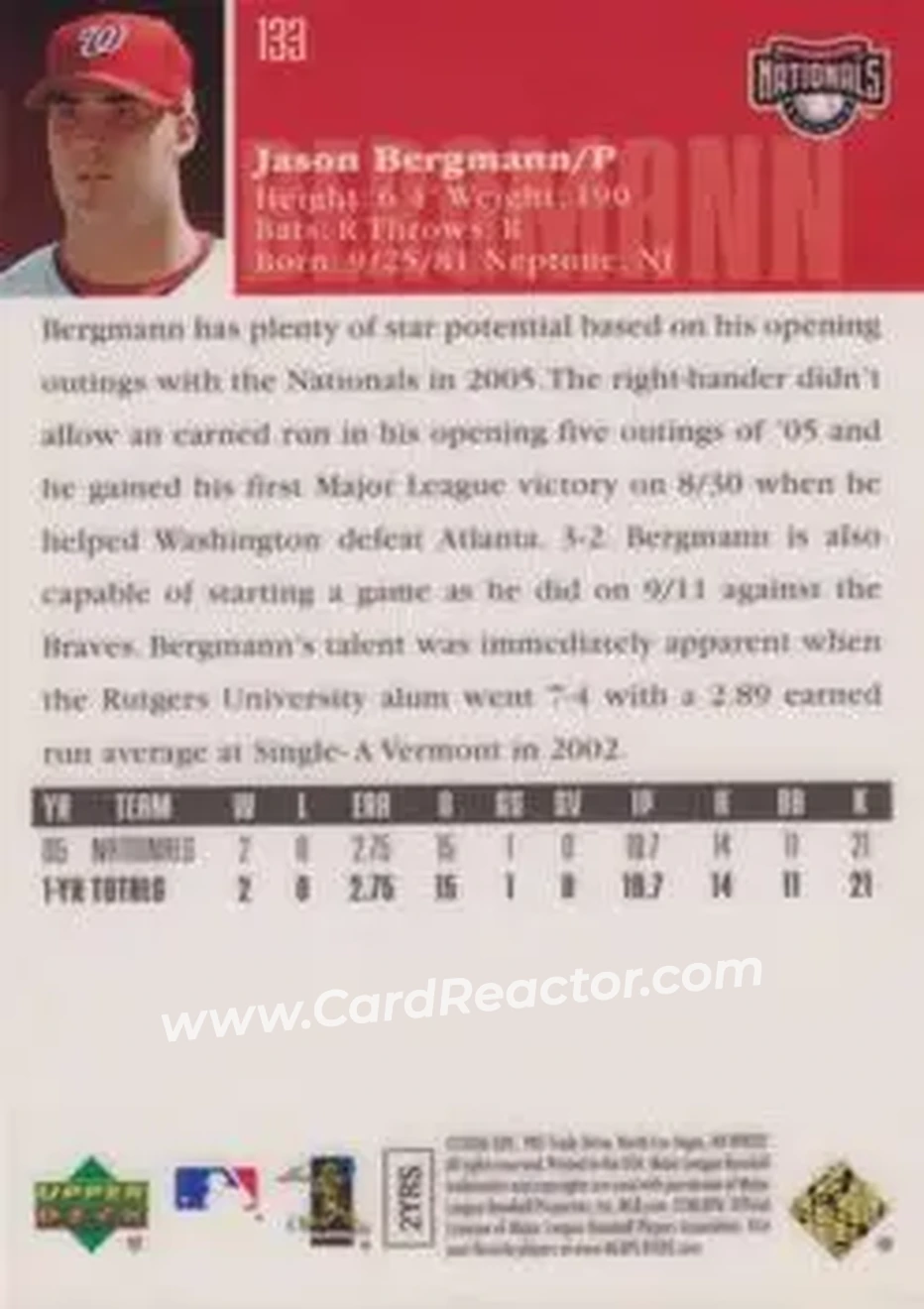 2006 Upper Deck Special F/X #133 - Jason Bergmann - Washington Nationals - Back 2006 Upper Deck Special F/X #133 - Jason Bergmann - Washington Nationals - Back
