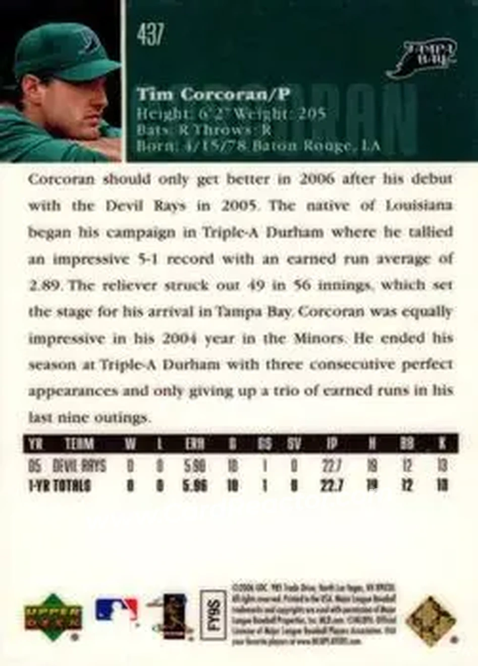 2006 Upper Deck Special F/X #437 - Tim Corcoran - Tampa Bay Devil Rays - Back 2006 Upper Deck Special F/X #437 - Tim Corcoran - Tampa Bay Devil Rays - Back