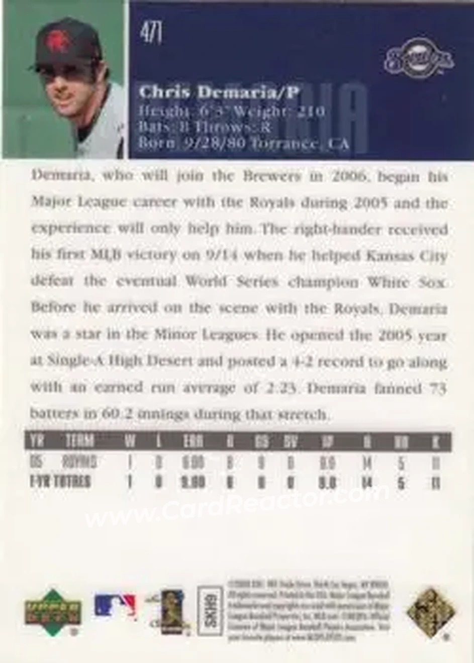 2006 Upper Deck Special F/X #471 - Chris Demaria - Milwaukee Brewers - Back 2006 Upper Deck Special F/X #471 - Chris Demaria - Milwaukee Brewers - Back