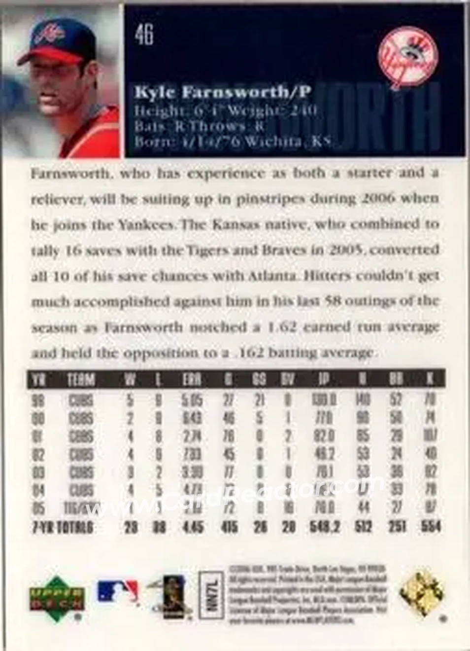 2006 Upper Deck Special F/X #46 - Kyle Farnsworth - New York Yankees - Back 2006 Upper Deck Special F/X #46 - Kyle Farnsworth - New York Yankees - Back