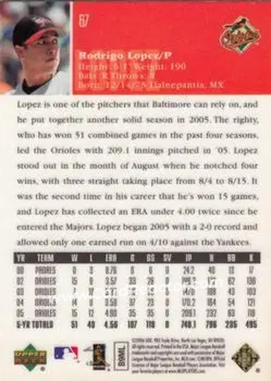 2006 Upper Deck Special F/X #67 - Rodrigo Lopez - Baltimore Orioles - Back