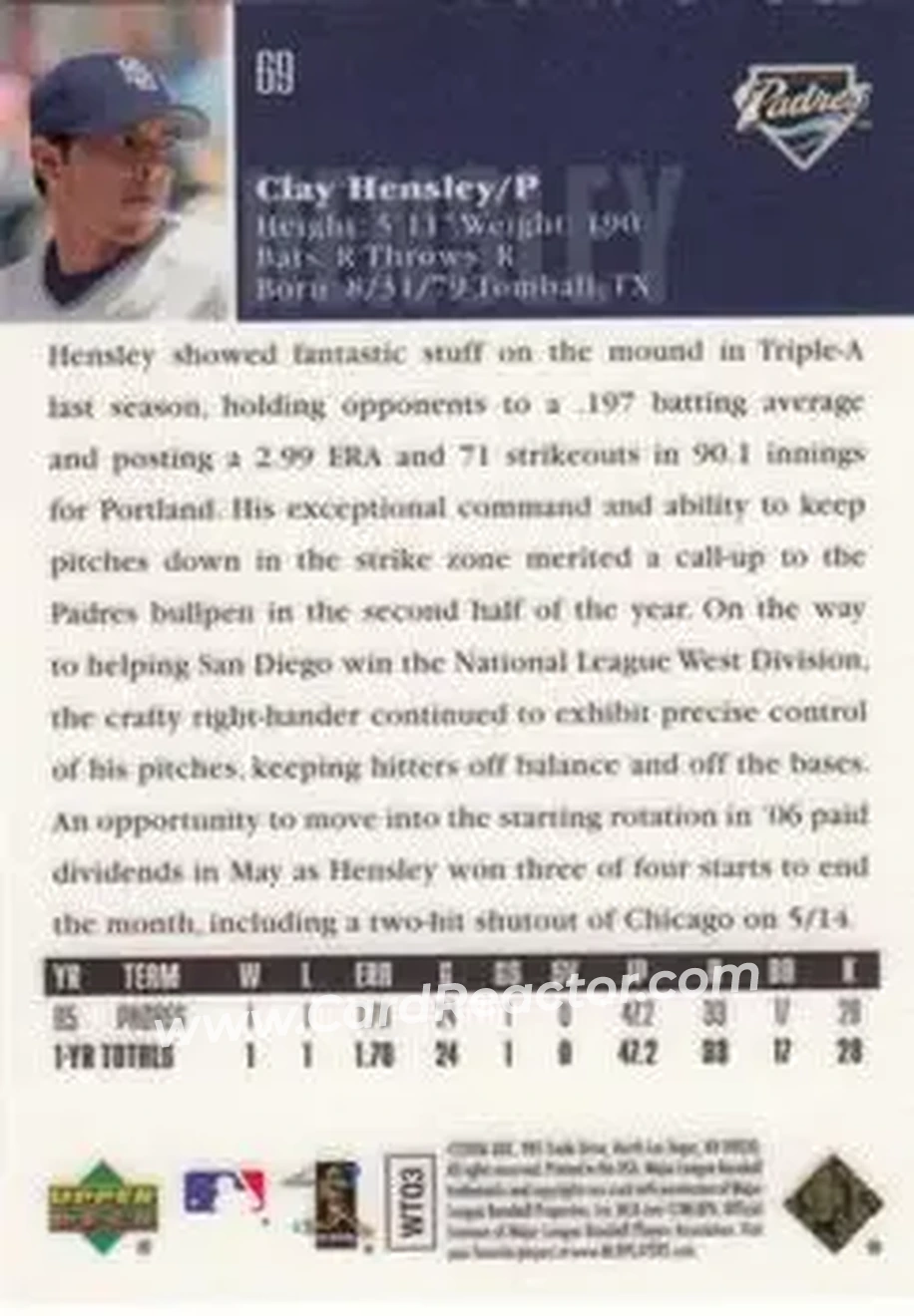 2006 Upper Deck Special F/X #69 - Clay Hensley - San Diego Padres - Back 2006 Upper Deck Special F/X #69 - Clay Hensley - San Diego Padres - Back
