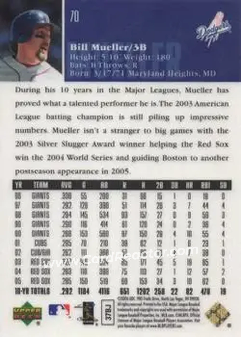 2006 Upper Deck Special F/X #70 - Bill Mueller - Los Angeles Dodgers - Back