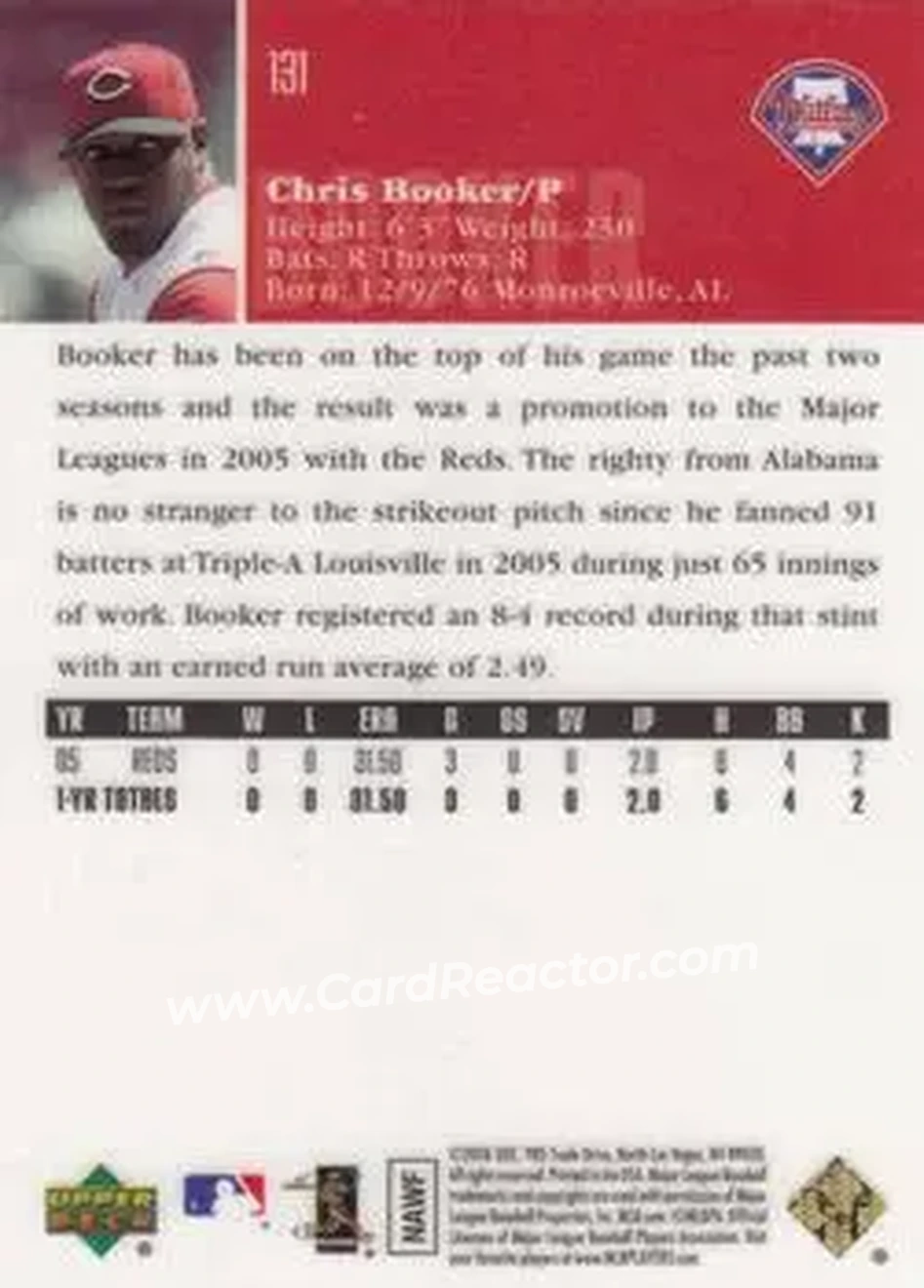 2006 Upper Deck Special F/X #131 - Chris Booker - Philadelphia Phillies - Back 2006 Upper Deck Special F/X #131 - Chris Booker - Philadelphia Phillies - Back