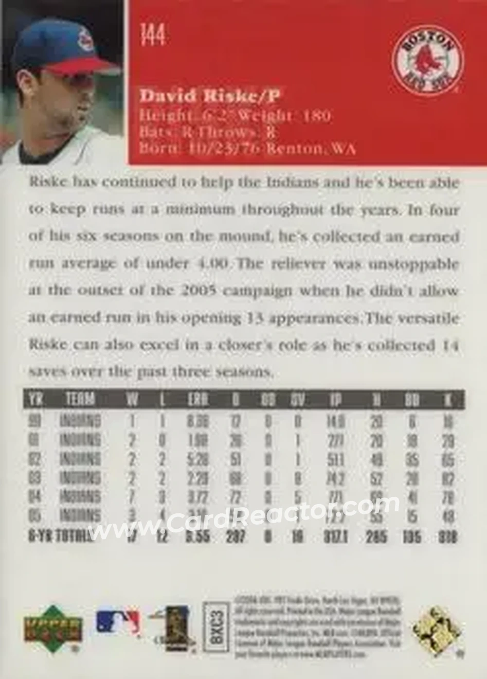 2006 Upper Deck Special F/X #144 - David Riske - Boston Red Sox - Back 2006 Upper Deck Special F/X #144 - David Riske - Boston Red Sox - Back