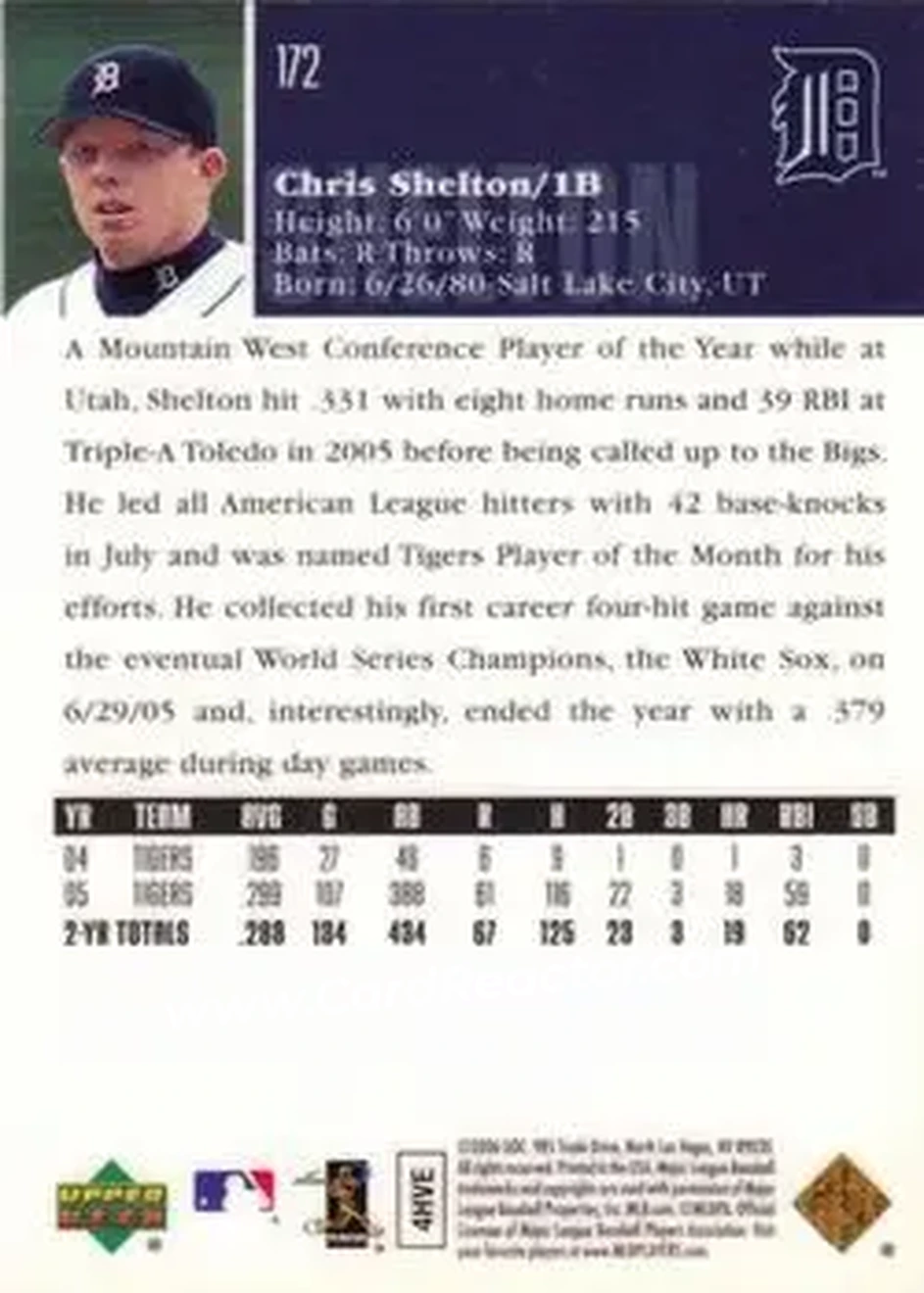 2006 Upper Deck Special F/X #172 - Chris Shelton - Detroit Tigers - Back 2006 Upper Deck Special F/X #172 - Chris Shelton - Detroit Tigers - Back