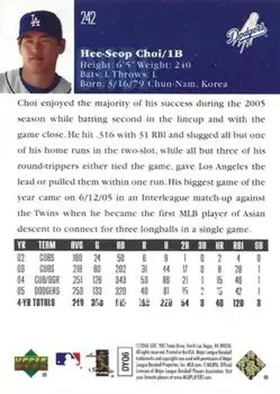 2006 Upper Deck Special F/X #242 - Hee Seop Choi - Los Angeles Dodgers - Back 2006 Upper Deck Special F/X #242 - Hee Seop Choi - Los Angeles Dodgers - Back
