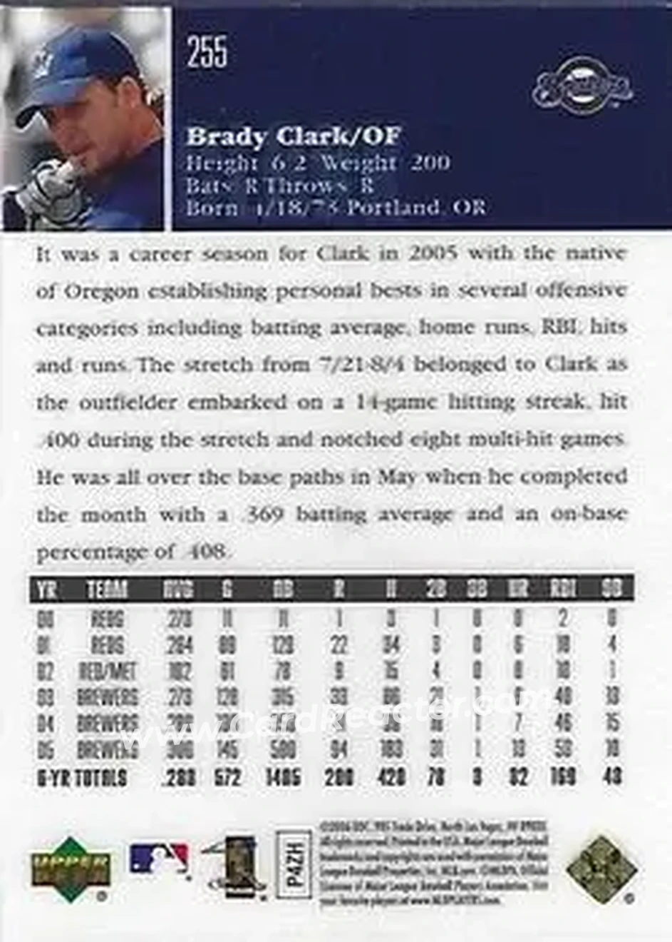 2006 Upper Deck Special F/X #255 - Brady Clark - Milwaukee Brewers - Back