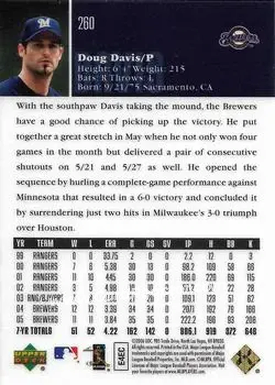 2006 Upper Deck Special F/X #260 - Doug Davis - Milwaukee Brewers - Back 2006 Upper Deck Special F/X #260 - Doug Davis - Milwaukee Brewers - Back