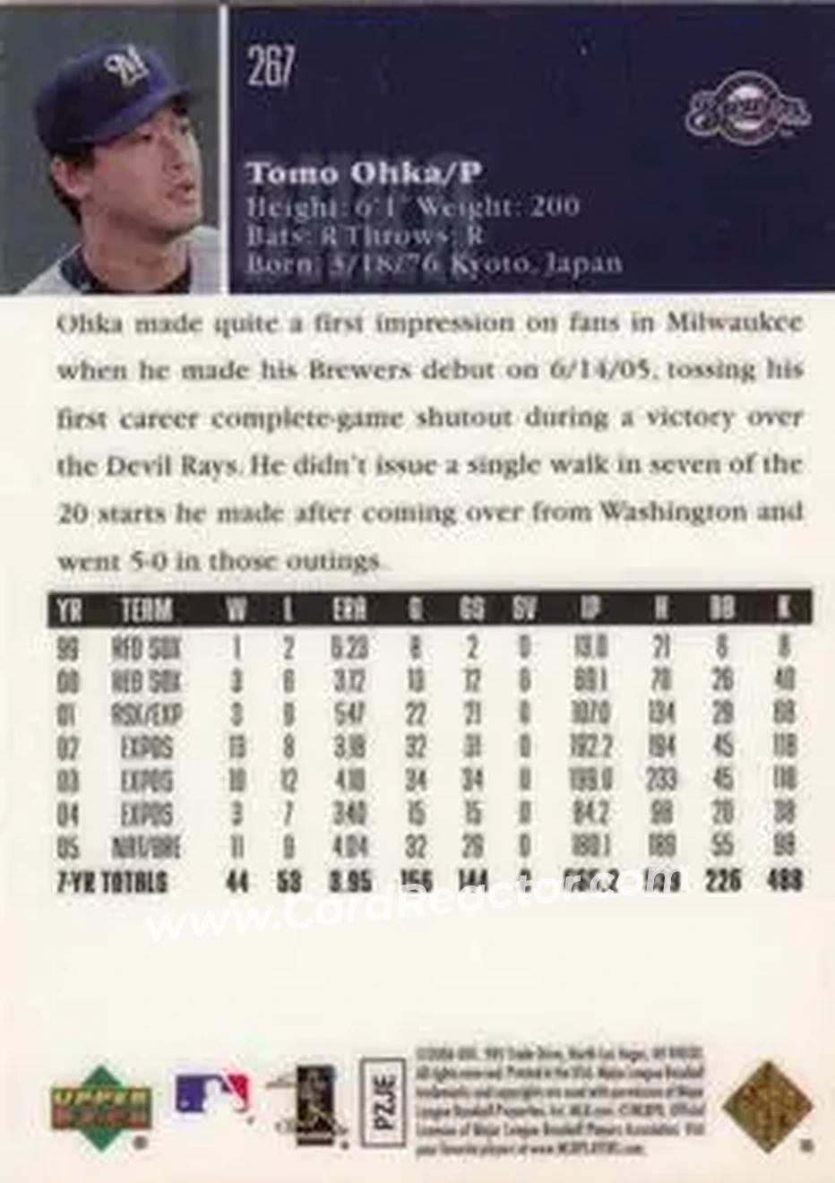 2006 Upper Deck Special F/X #267 - Tomo Ohka - Milwaukee Brewers - Back