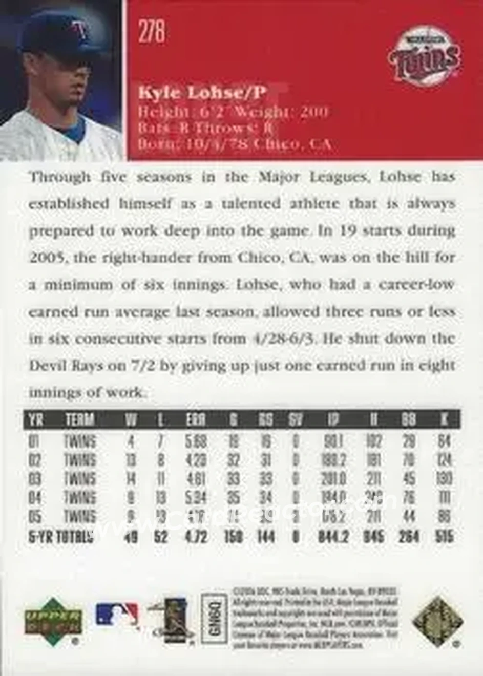 2006 Upper Deck Special F/X #278 - Kyle Lohse - Minnesota Twins - Back 2006 Upper Deck Special F/X #278 - Kyle Lohse - Minnesota Twins - Back