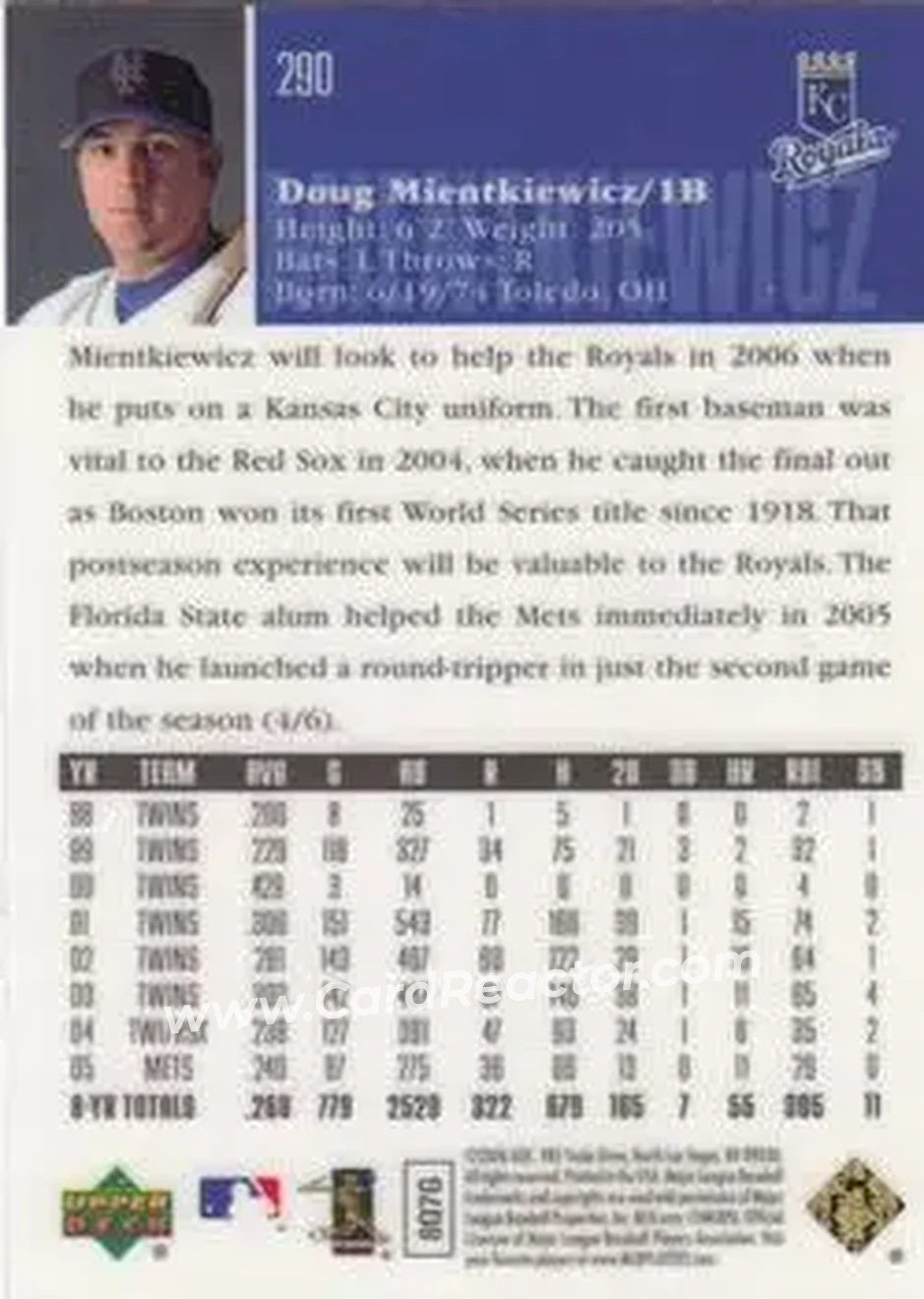 2006 Upper Deck Special F/X #290 - Doug Mientkiewicz - Kansas City Royals - Back