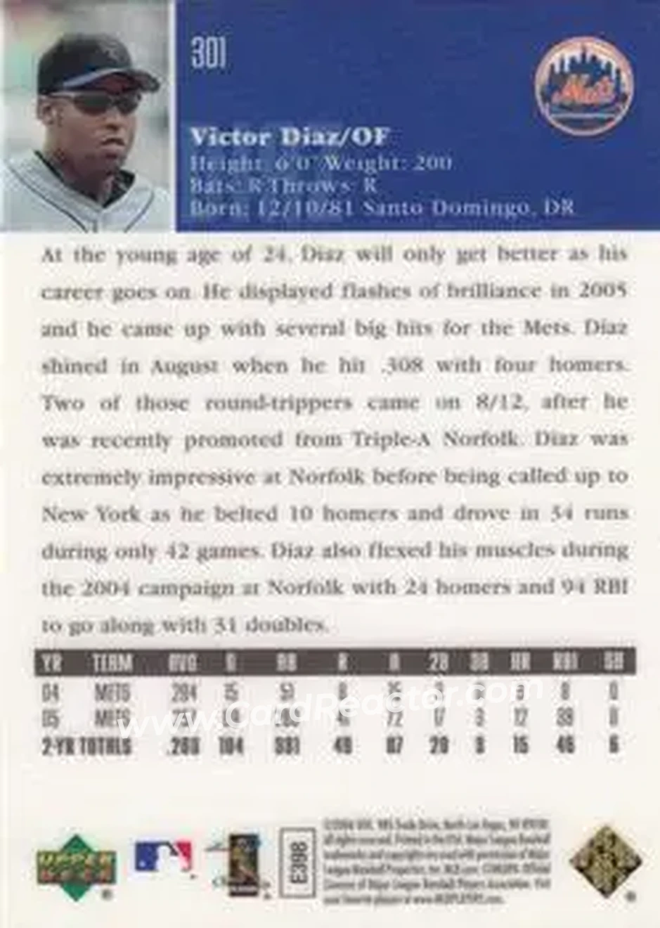 2006 Upper Deck Special F/X #301 - Victor Diaz - New York Mets - Back 2006 Upper Deck Special F/X #301 - Victor Diaz - New York Mets - Back
