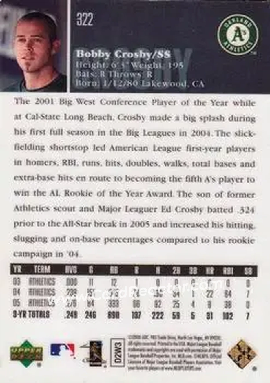 2006 Upper Deck Special F/X #322 - Bobby Crosby - Oakland Athletics - Back