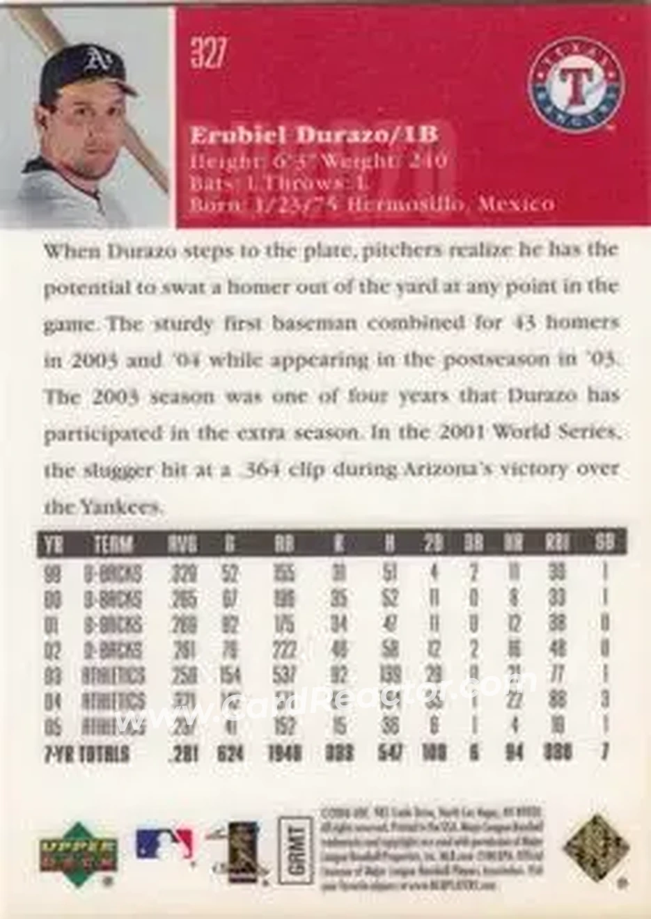 2006 Upper Deck Special F/X #327 - Erubiel Durazo - Oakland Athletics - Back 2006 Upper Deck Special F/X #327 - Erubiel Durazo - Oakland Athletics - Back