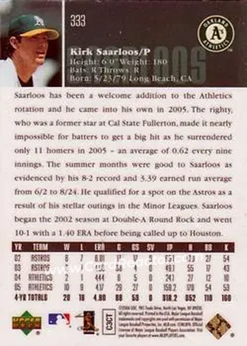 2006 Upper Deck Special F/X #333 - Kirk Saarloos - Oakland Athletics - Back