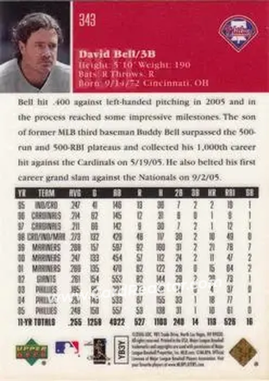 2006 Upper Deck Special F/X #343 - David Bell - Philadelphia Phillies - Back 2006 Upper Deck Special F/X #343 - David Bell - Philadelphia Phillies - Back